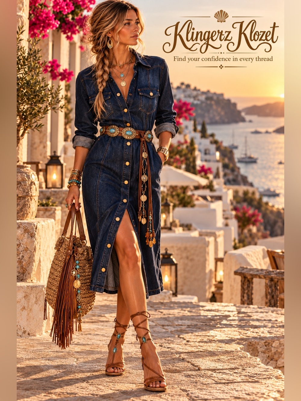 Dark Wash Denim Shirt Dress Western Boho Button Front Midi Dress